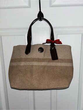 Coach Two-Tone Beige Wool Tote with Chocolate Leather Handles